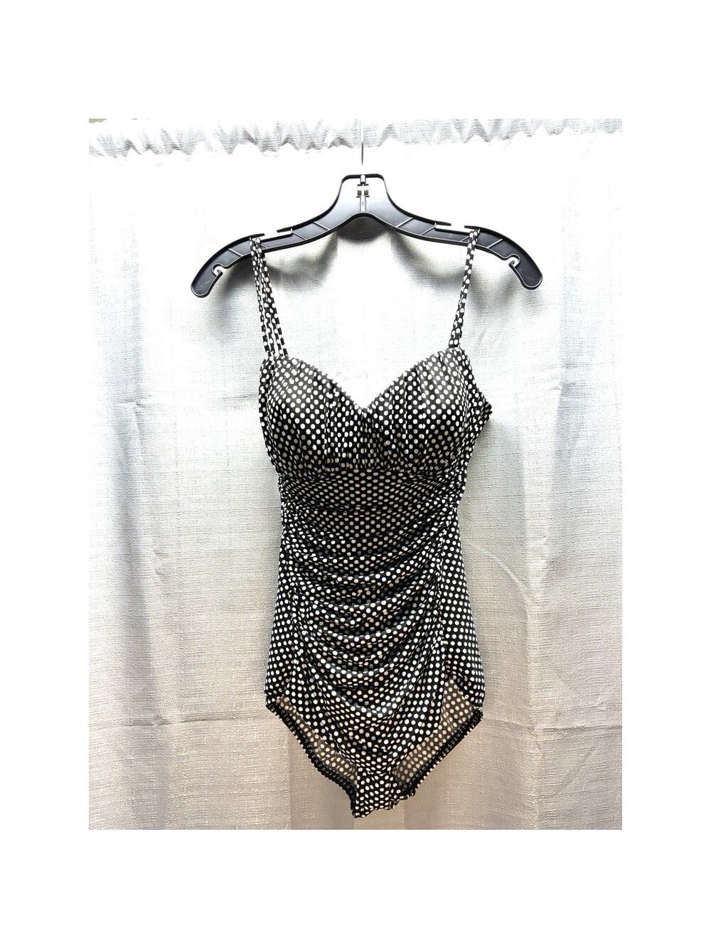 MagicSuit Womens 10 Black & White Polka Dot Print One Piece Ruched Swimsuit